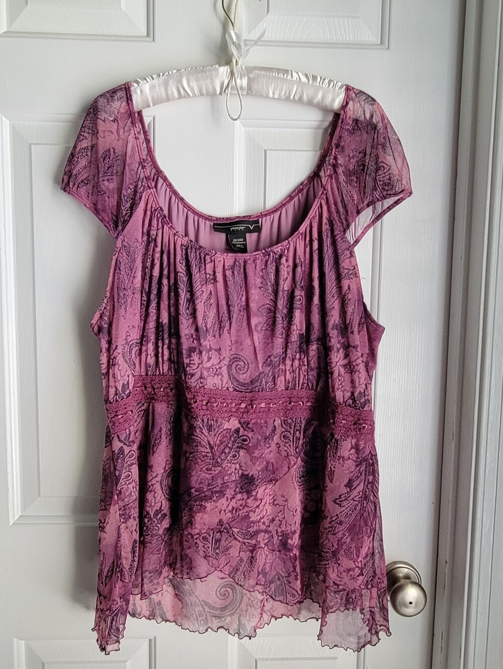 Venezia Mauve Paisley Sheer Cap Sleeve Peasant Blouse with Lace Detail 22/24W